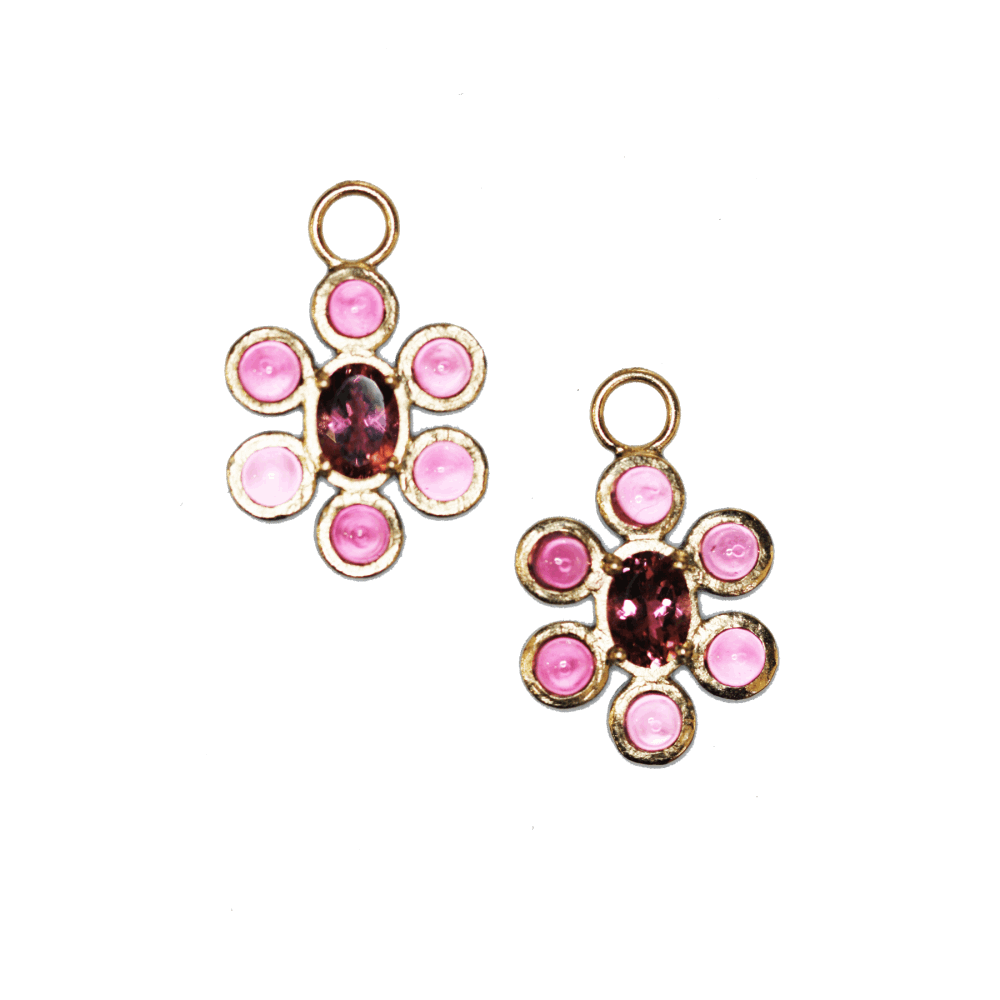 Pink Tourmaline In-Bloom earring charm with 14k yellow gold 3.62g, and rhodium sterling. In Bloom Pink Tourmaline Flower Earring Charm