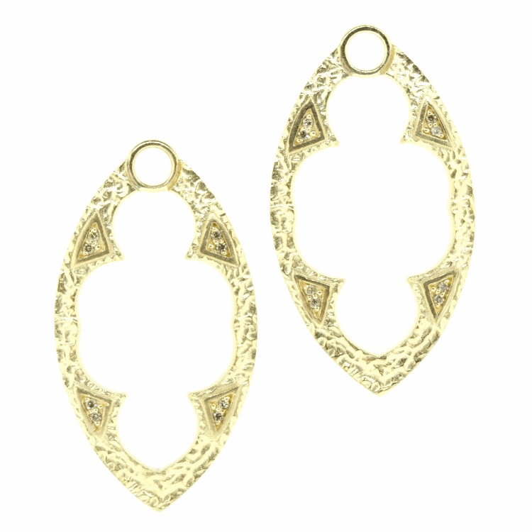These sold 14k yellow gold earring charm frames are perfect to wear alone or with another charm. Handcrafted with sixteen champagne diamonds, 0.12tcw, and 14k yellow gold 8.90g. Marquise Diamond Earring Charm Frames