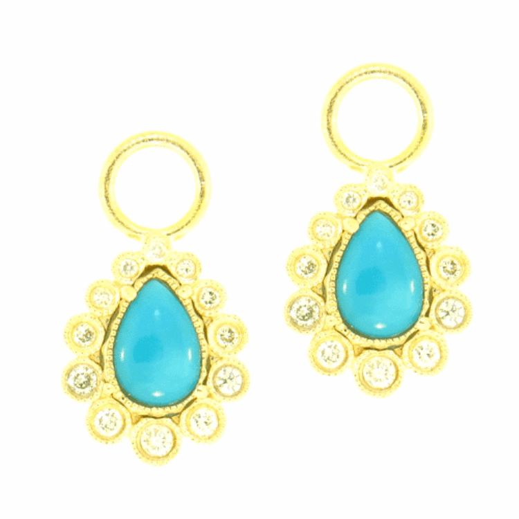 These small sized earring charms are shaped like pears featuring two Sleeping Beauty turquoise stones set in a 14k yellow gold 1.65g and diamond 0.23 tcw. Sleeping Beauty Turquoise & Diamond Pear shaped Earring Charms