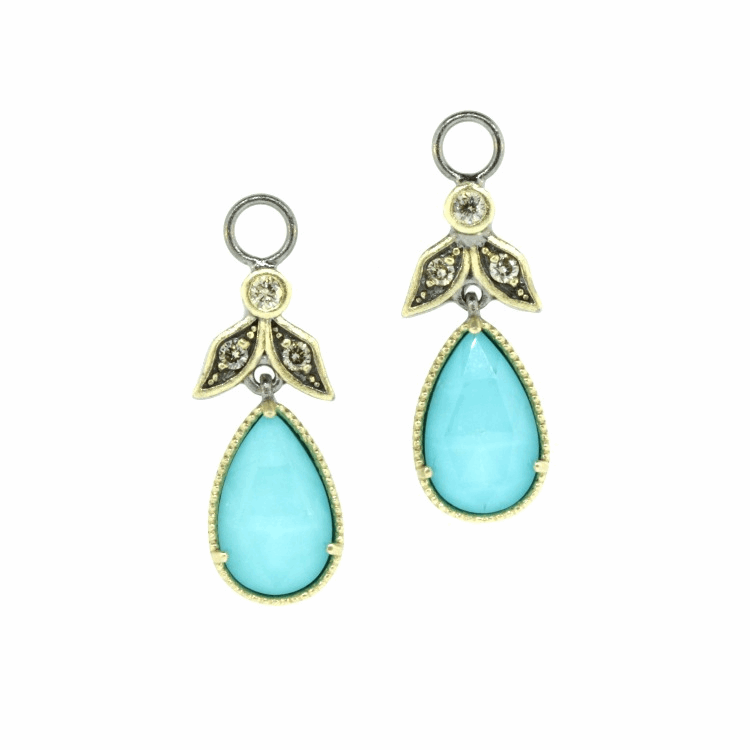 Charming abstract Angel earring charms handcrafted from turquoise, champagne diamond 0.15, 14k yellow gold 4.08g. Angel Turquoise & Diamond Earring Charms