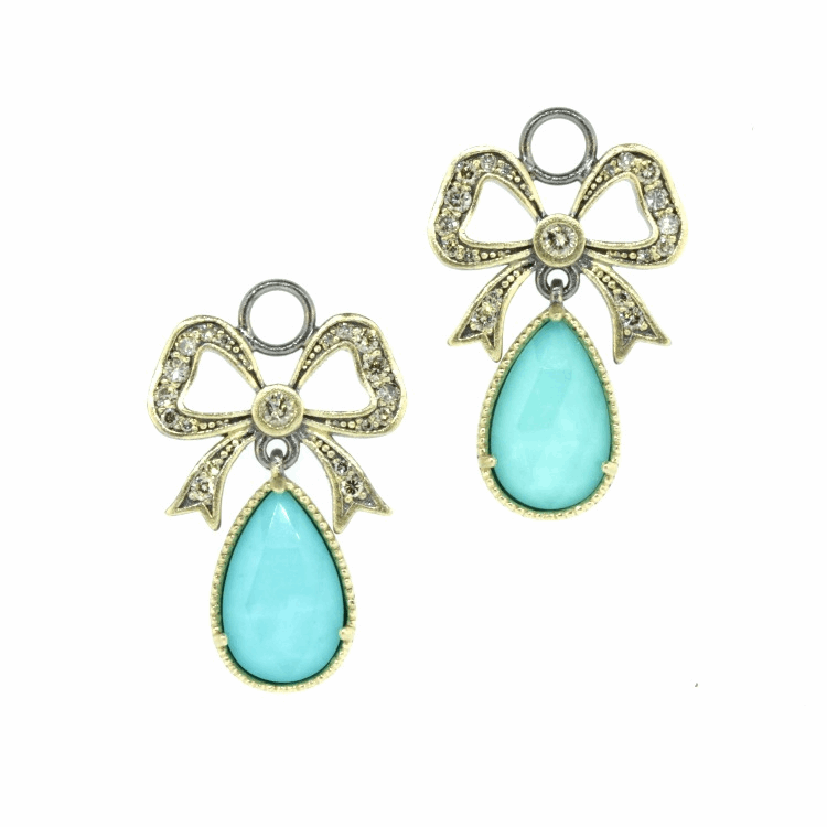 This French inspired design features two doublet pear cut turquoise drops hung from a feminine bow. The earring charms are handcrafted in 14k yellow gold 2.15g, champagne diamond, and rhodium sterling. French Bow Turquoise & Diamond Earring Charms