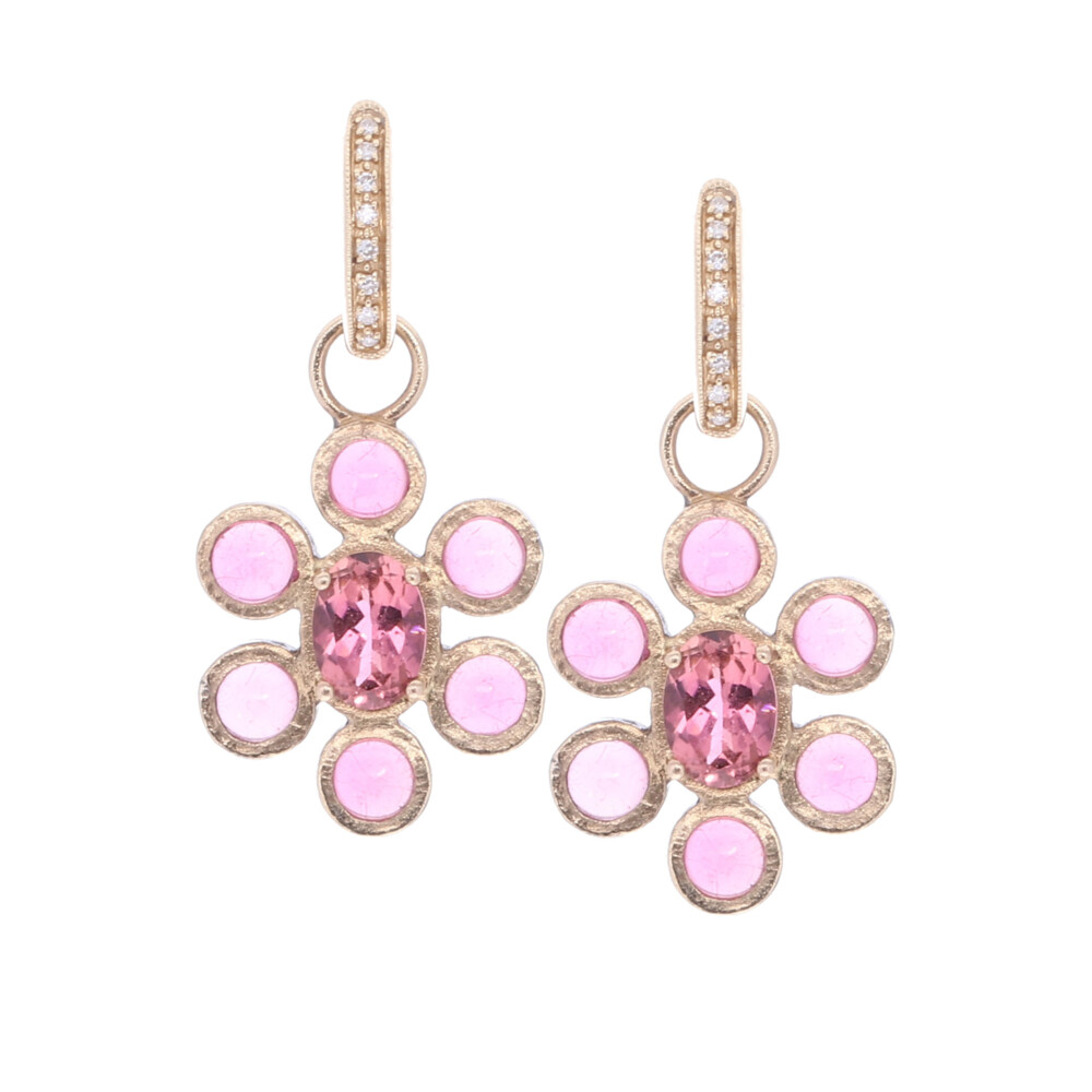 Pink Tourmaline In-Bloom earring charm with 14k yellow gold 3.62g, and rhodium sterling. In Bloom Pink Tourmaline Flower Earring Charm