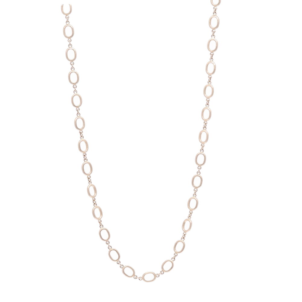 This classic 26" oval link chain is handcrafted in 14k Yellow Gold. The oval links have a signature satin finish. The clasp has a 7mm opening and can be clipped onto any oval link to make it shorter or into a Y-necklace. This chain can be worn in reverse, hanging your pendant(s) on the jump ring and clasp. The clasp can be upgraded to a diamond clasp (contact for details). Satin Finish Oval Link Yellow Gold Chain 26"