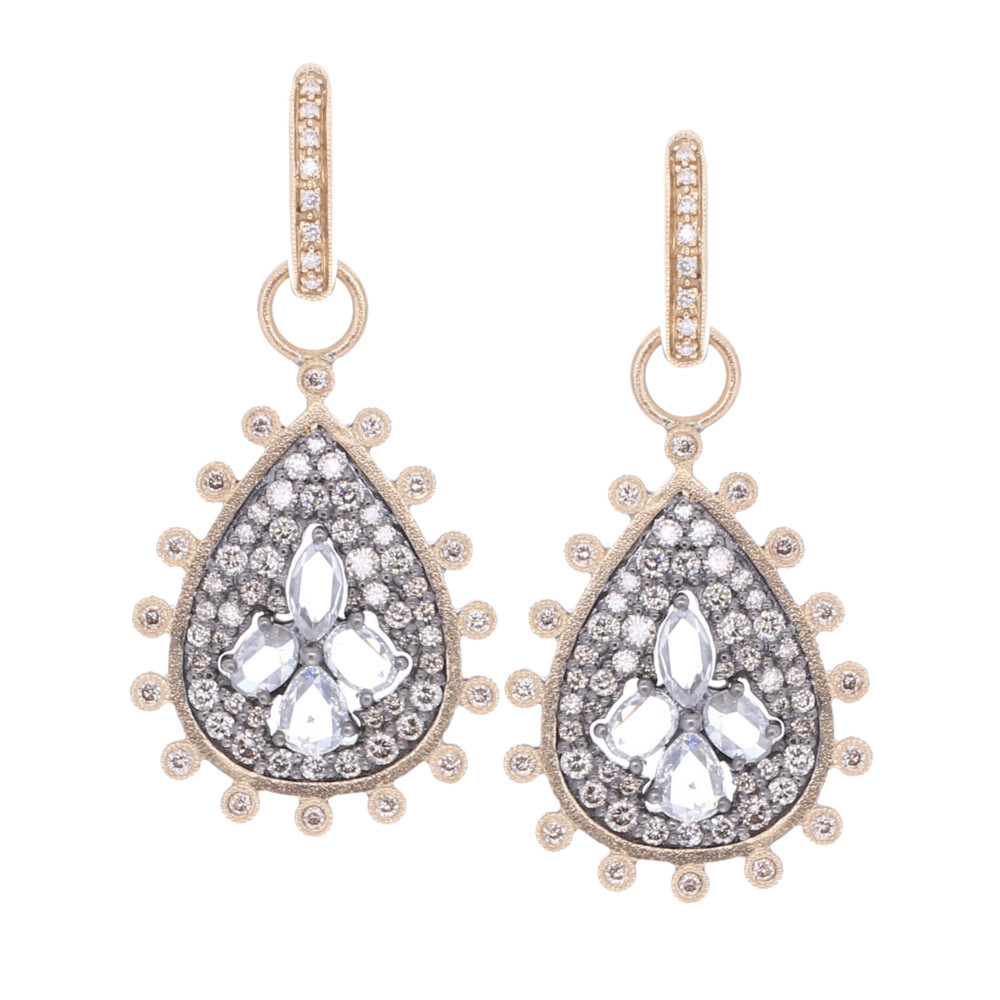Pear shaped earring charms with one hundred and sixteen sparkling champagne diamonds 1.31 tcw, eight Rose cut diamonds 0.88, 14k yellow gold 2.79g, and rhodium sterling. Rose Cut Diamond Pear Shaped Earring Charms