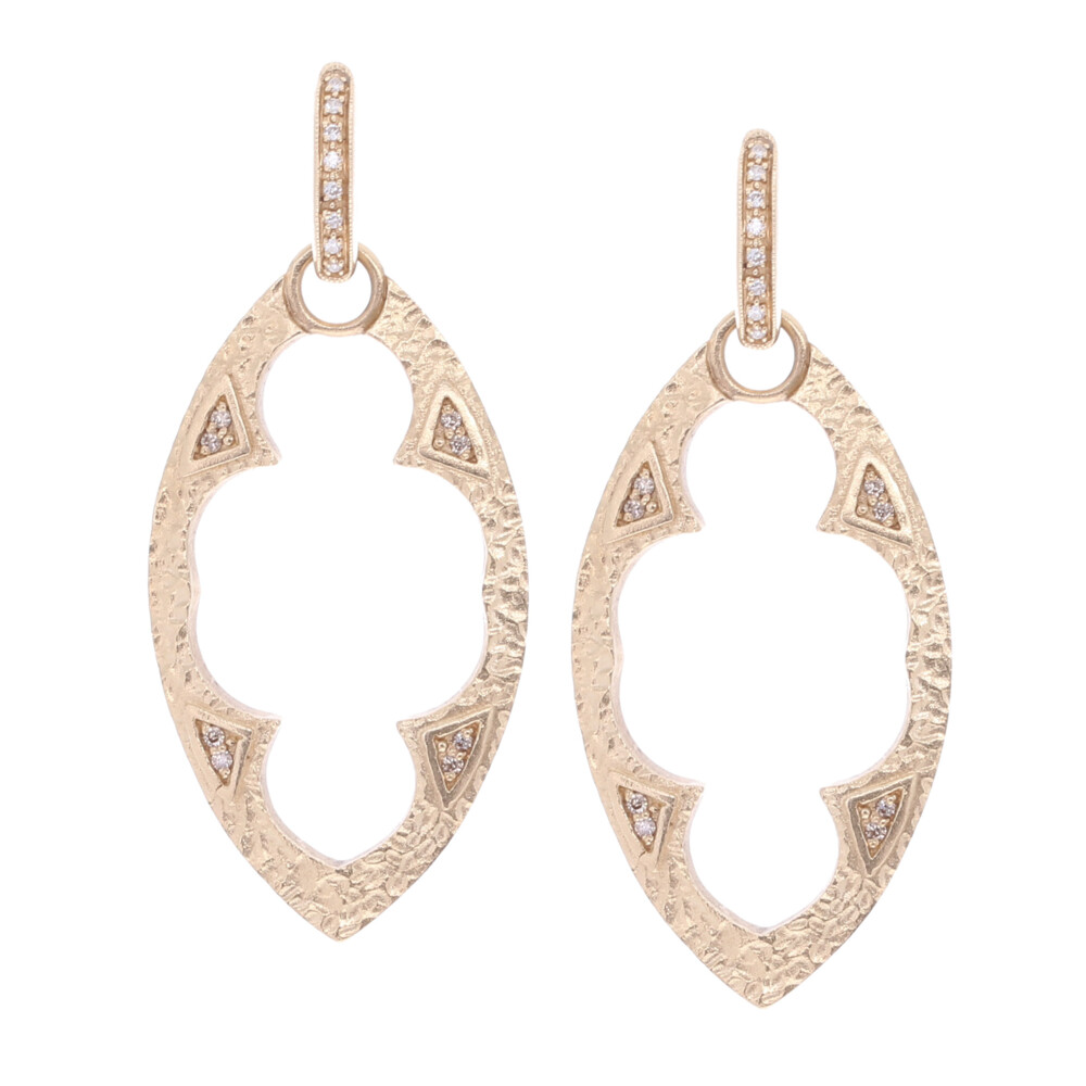 These sold 14k yellow gold earring charm frames are perfect to wear alone or with another charm. Handcrafted with sixteen champagne diamonds, 0.12tcw, and 14k yellow gold 8.90g. Marquise Diamond Earring Charm Frames