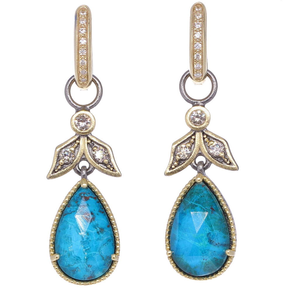 Angel shaped earring charms with a center Chrysoprase and white quartz doublet stone. Set with sparkling champagne diamond, 14k yellow gold and rhodium sterling. Angel Chrysoprase & Diamond Earring Charms