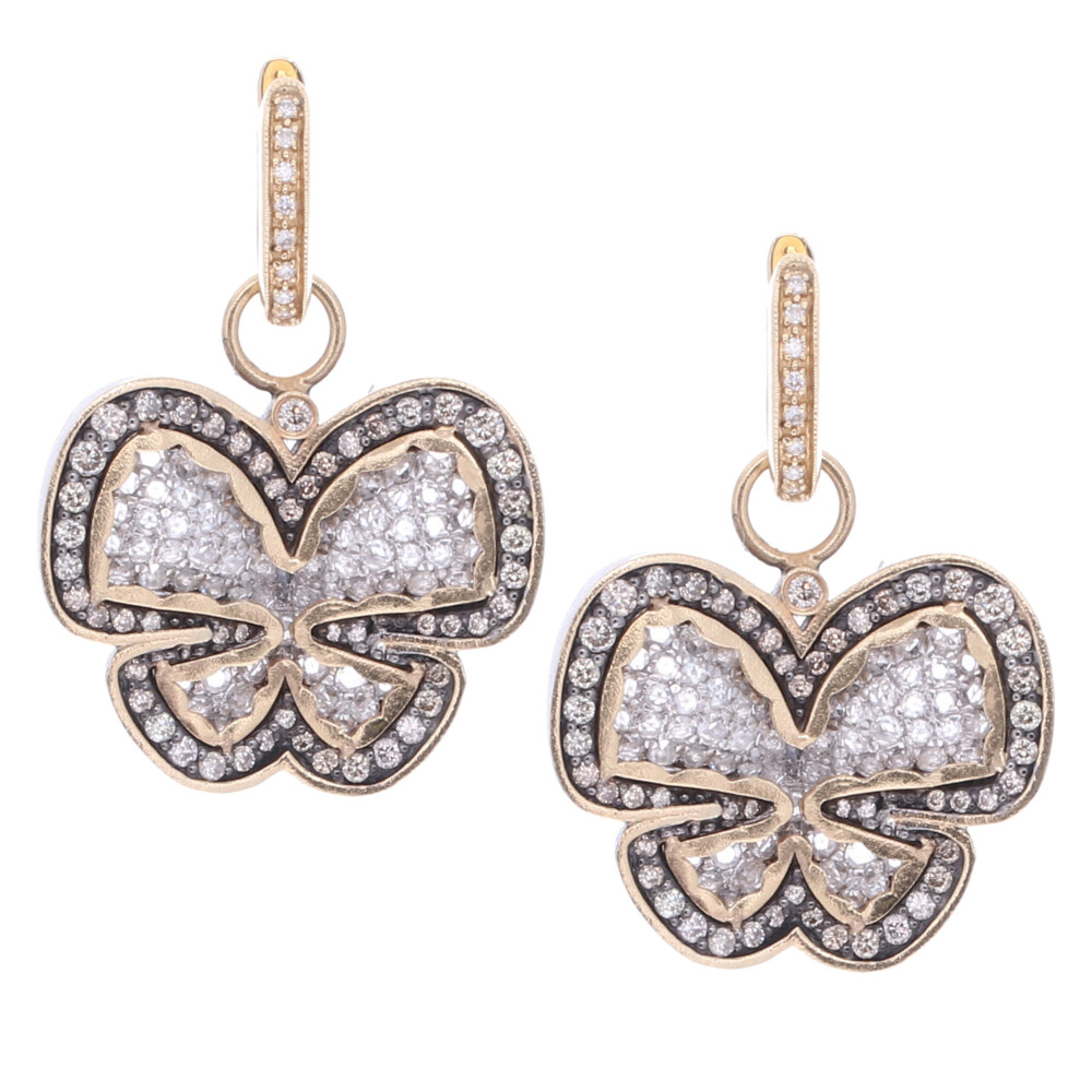 These sparkling butterfly earring charms have white diamond 1.18 tcw and champagne diamonds 1.10 tcw. Handcrafted with 14k yellow gold 7.87g and rhodium sterling. Butterfly Diamond Earring Charms