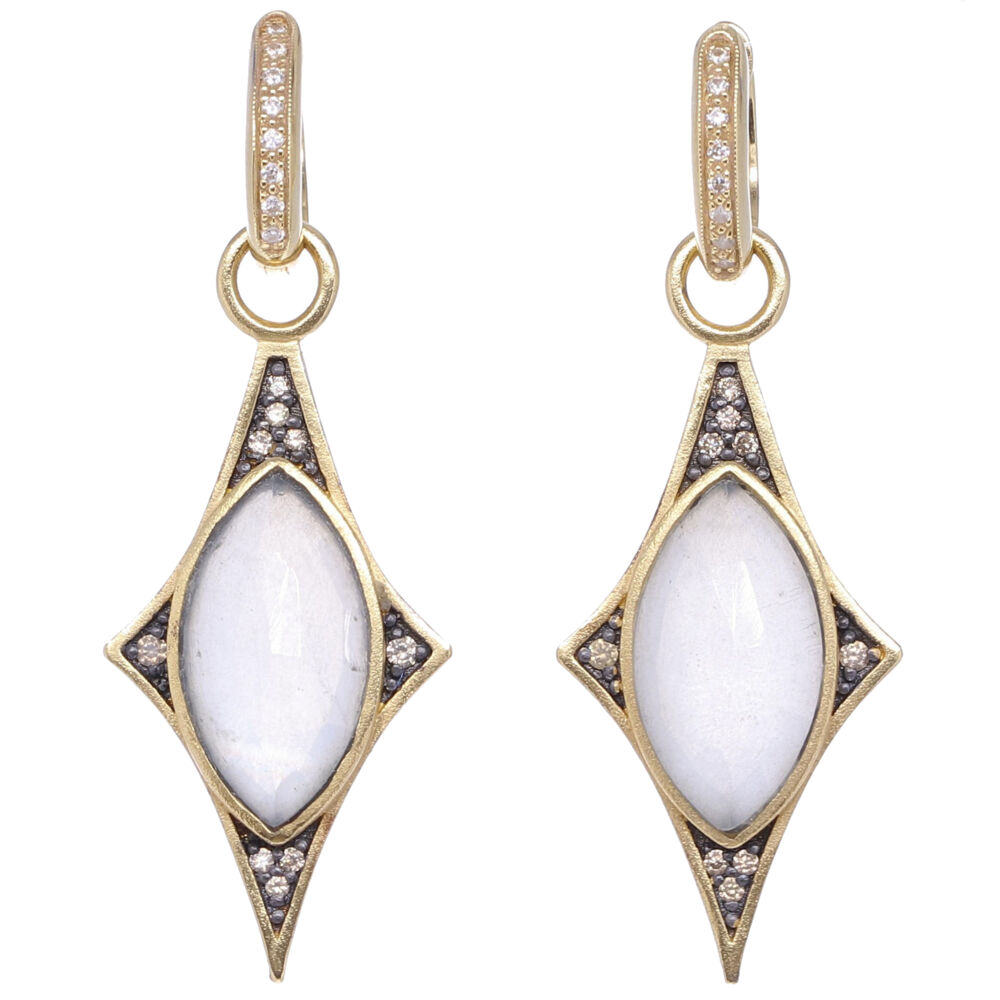 These north star shaped earrings feature a moonstone and ice quartz doublet center with eighteen sparkling champagne diamonds 0.15 tcw, 14k yellow gold 4.08g and rhodium sterling. North Star Earring Charms