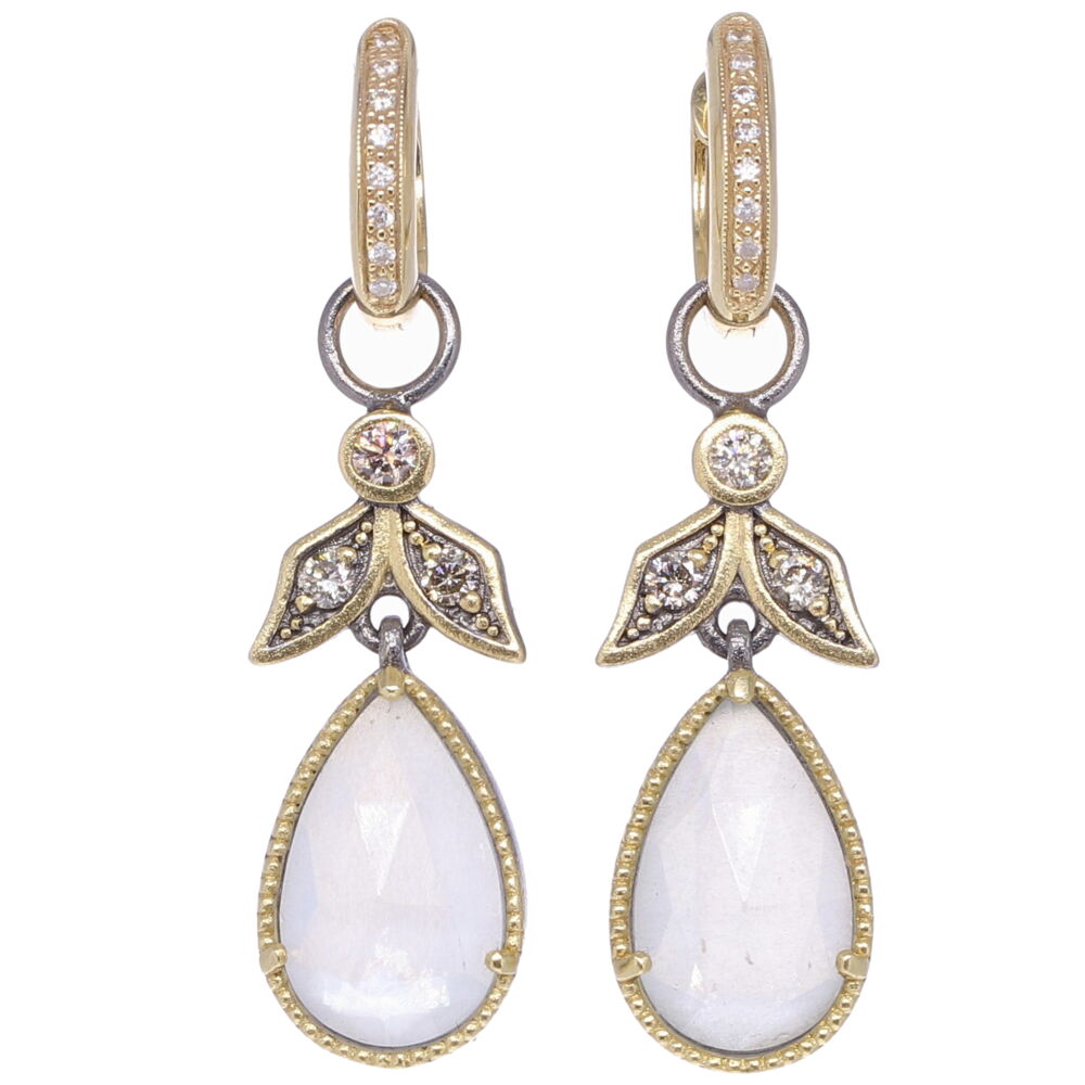 Angel shaped earring charms handcrafted in 14k yellow gold with white topaz and diamond. Angel Diamond Earring Charms