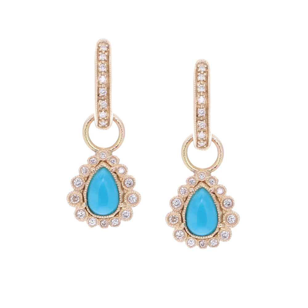 These small sized earring charms are shaped like pears featuring two Sleeping Beauty turquoise stones set in a 14k yellow gold 1.65g and diamond 0.23 tcw. Sleeping Beauty Turquoise & Diamond Pear shaped Earring Charms