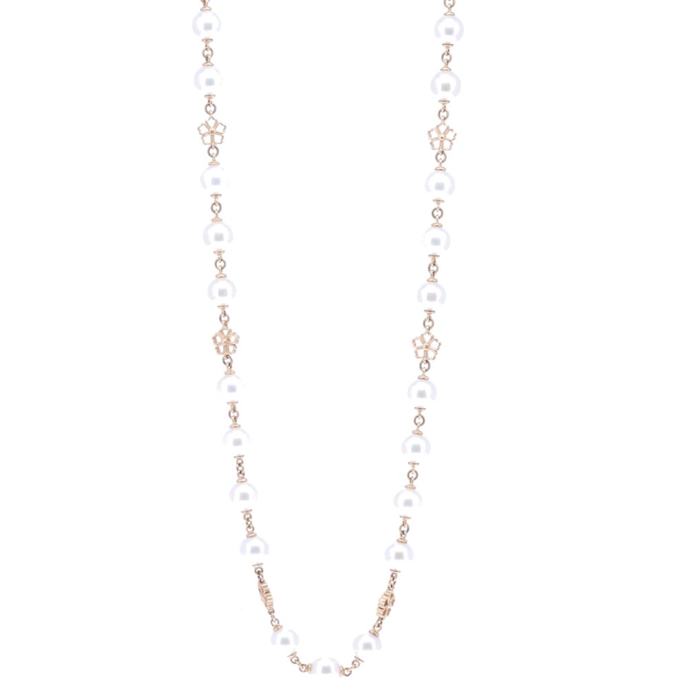 This Limited Edition 9 mm Akoya Pearl necklace is strung with 39 pearls with 14k gold in between. Ten handmade gold flower stations decorate the pearls throughout the necklace. The clasp is 14k gold and diamond 0.26g, and the total gold weight is 32.5g. Limited Edition Akoya Pearl Necklace with Flower Stations 32"