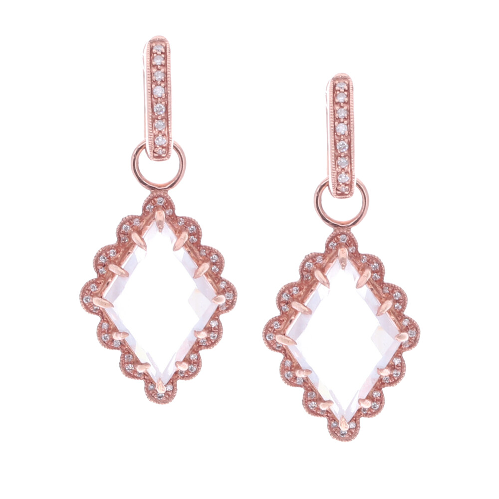 The In Bloom earring charm is handcrafted with 14k rose gold, checkerboard cut white topaz, and diamond. The Huggies and Charms are sold separate. In Bloom White Topaz & Diamond Earring Charms Rose Gold