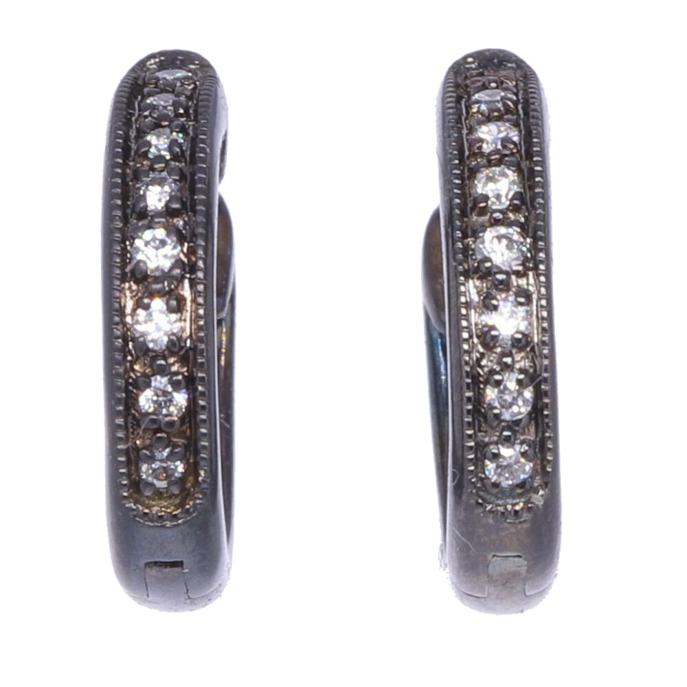 Hang your earring charms + frames on these huggie hoops. They hug your ears to make your earring charms stand out! These solid 14k white gold 1.55g hoops have sixteen diamonds 0.08 tcw. Black Rhodium White Gold Huggie