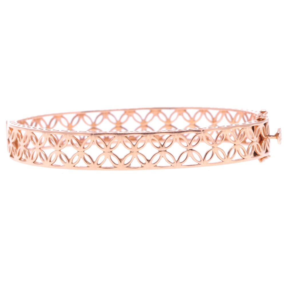 The Lace bracelet is handcrafted in 14k rose gold 11.43g. The bracelet has safety closure and is perfect to stack along with other bracelets. Lace Rose Gold Hinged Bracelet