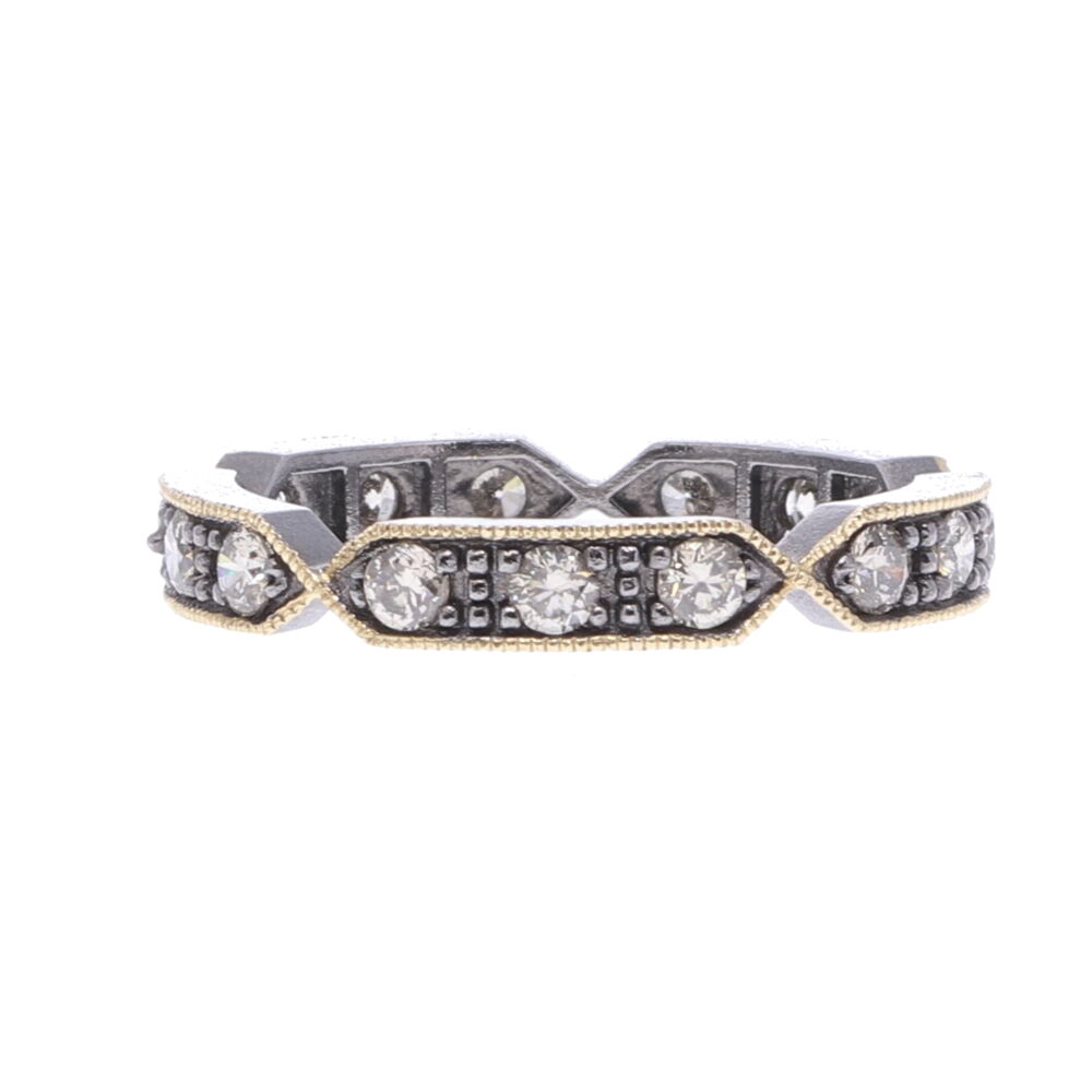 The Lizzie eternity band is handcrafted with 14k yellow gold, 15 champagne diamonds 0.71 tcw and rhodium sterling. Lizzie Diamond Eternity Band Ring