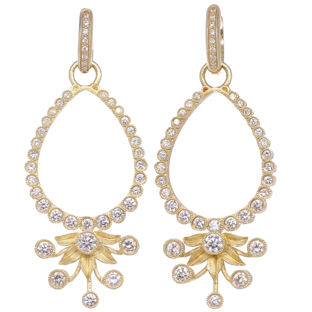 Diamond earring charm frames handcrafted in solid 14k yellow gold 10.81g and 66 champagne diamonds 1.76tcw. Diamond Flower Burst Earring Charm Frames