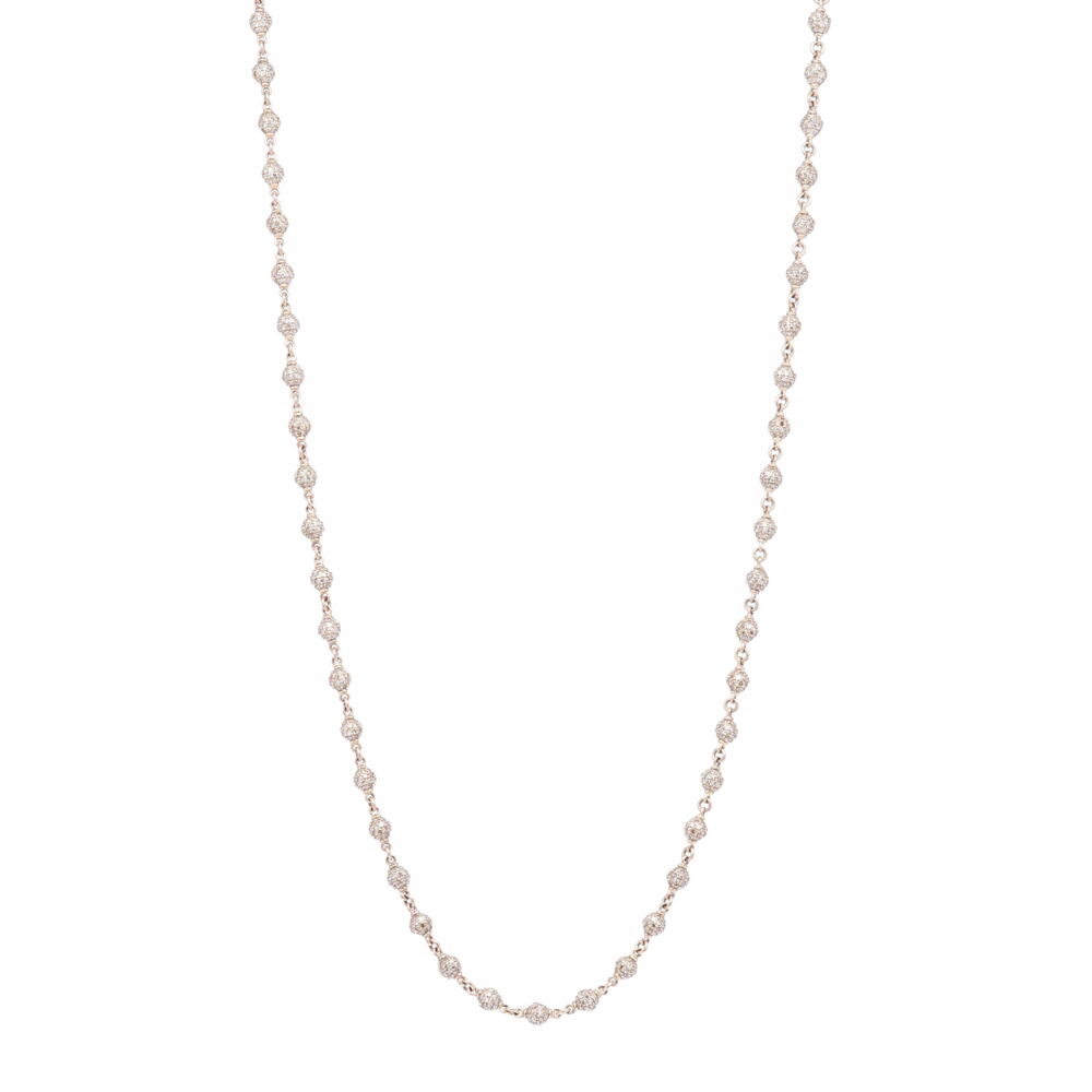 This handcrafted diamond sphere chain has 22.2g of 14k Yellow Gold. It can be clasped at 17" and 18". Each diamond sphere chain has a jump ring so you can make it shorter or can be flipped around to display your pendant like it's hanging from a vintage watch chain. The lobster clasp can be ungraded to a diamond lobster clasp (Contact for pricing). Diamond Sphere Chain 18"