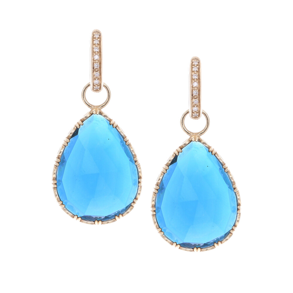 The Cecilia earring charm handcrafted in 14k yellow gold featuring London blue topaz 35 tcw. Cecilia London Blue topaz Pear Shaped Earring Charms