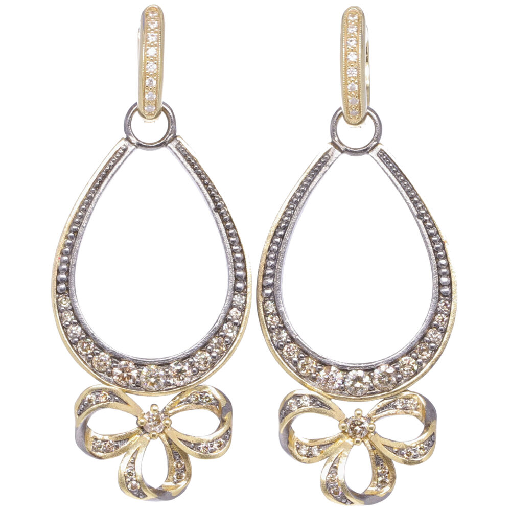 This luxurious set of French inspired earring charm frames are handcrafted with 52 champagne diamonds 0.93 tcw, 14k yellow gold 4.29g, and rhodium sterling. French Bow Diamond Earring Charm Frames