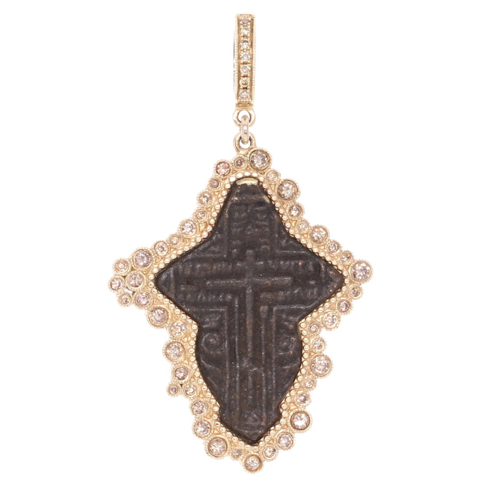 This antique Russian Orthodox Cross has been set inside a solid 14k 7.54g Yellow Gold and Diamond 0.79 tcw bezel. The bale has a 4mm opening. Russian Orthodox Cross Pendant