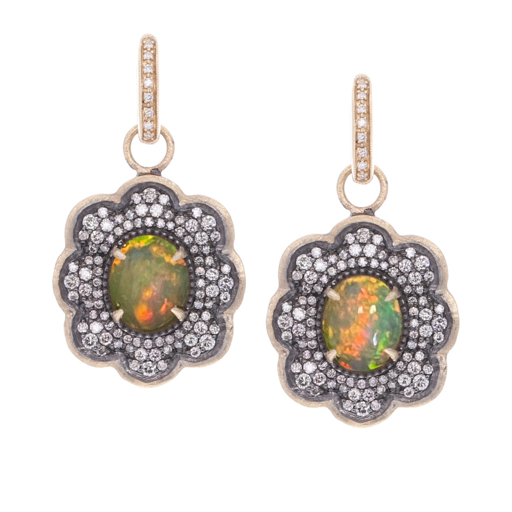 The Scalloped Earring charm is handcrafted with 14k yellow gold, ethiopian opal, champagne diamond, and rhodium sterling. The Huggie and Charms are sold separate. Large Opal Scalloped Earring Charms