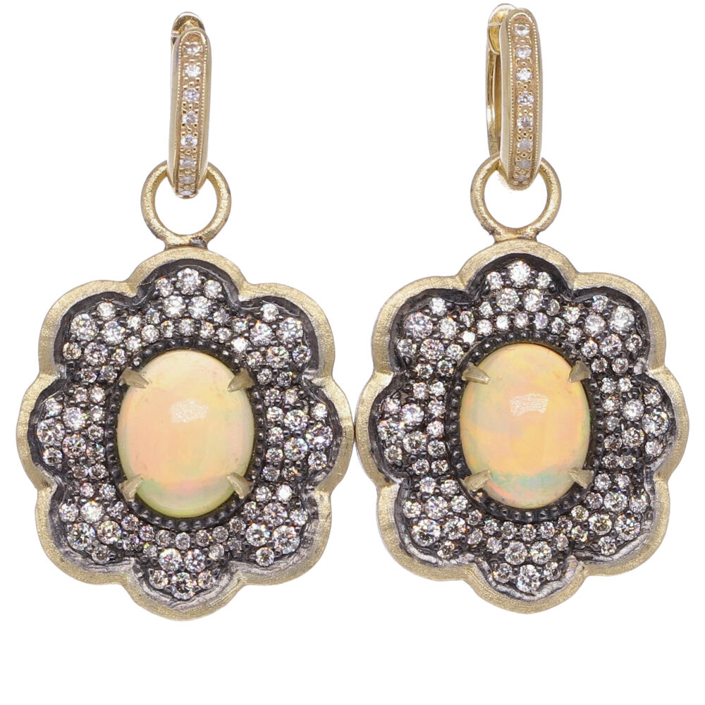 The Scalloped Earring charm is handcrafted with 14k yellow gold, ethiopian opal, champagne diamond, and rhodium sterling. The Huggie and Charms are sold separate. Large Opal Scalloped Earring Charms