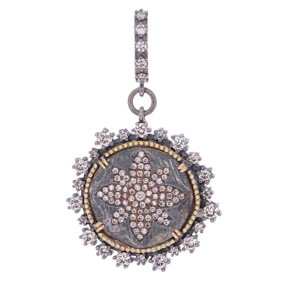 Cynthia Ann’s inspiration for her jewelry collection began as she was grieving the loss of her mother. Her spiritual journey led her to Europe where she started her precious collection of over 1,500 religious crosses and medals that date back to 450 A.D. through the early 1900’s. CynthiaAnn has “re-purposed” this Medieval Spanish Flower Coin for you to enjoy.
Medieval Spanish Flower Coin, with Diamond Inlay on Flower Pattern, Surrounded by a Champagne Diamond, 14k Yellow Gold and Black Rhodium 6 Prong Bezel, Hanging from a Champagne Diamond, 14k Gold and Black Rhodium Openable Bale.
108 Champagne Diamonds - 1.10tcw
14k Gold - 2.28g
Black Rhodium Silver Medieval Spanish Flower Coin