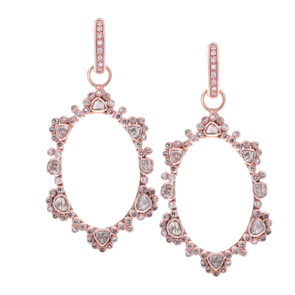 These beautiful diamond earring charms feature 1.17 tcw of rose cut diamonds set in 14k rose gold. The Huggies and Charms are sold separate. Rose Cut Diamond Earring Charms in Rose Gold
