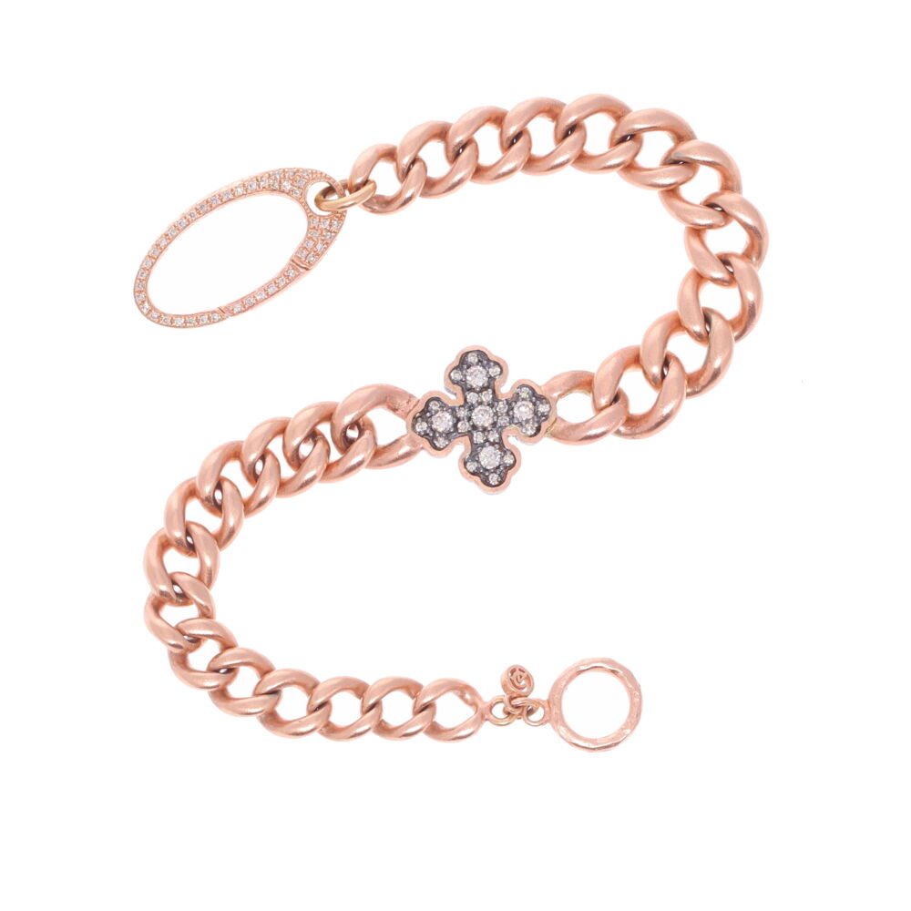 This casual everyday bracelet features an original Victorian chain that Cynthia Ann has up-cycled into a bracelet. The cross and clasp are bejeweled with diamonds. This bracelet is a size 7. Vintage Rose Gold Chain with a Diamond Cross Bracelet