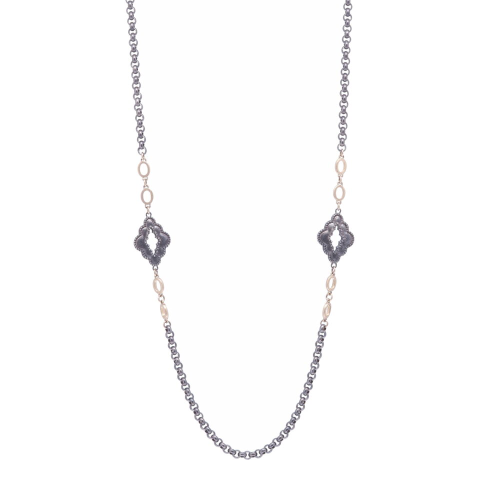 Handcrafted with Rhodium Sterling and 14k Gold 1.43g . This layering chain has two scalloped marquis shaped stations with two yellow gold satin finish ovals hung on either side. Marquise Layering Chain