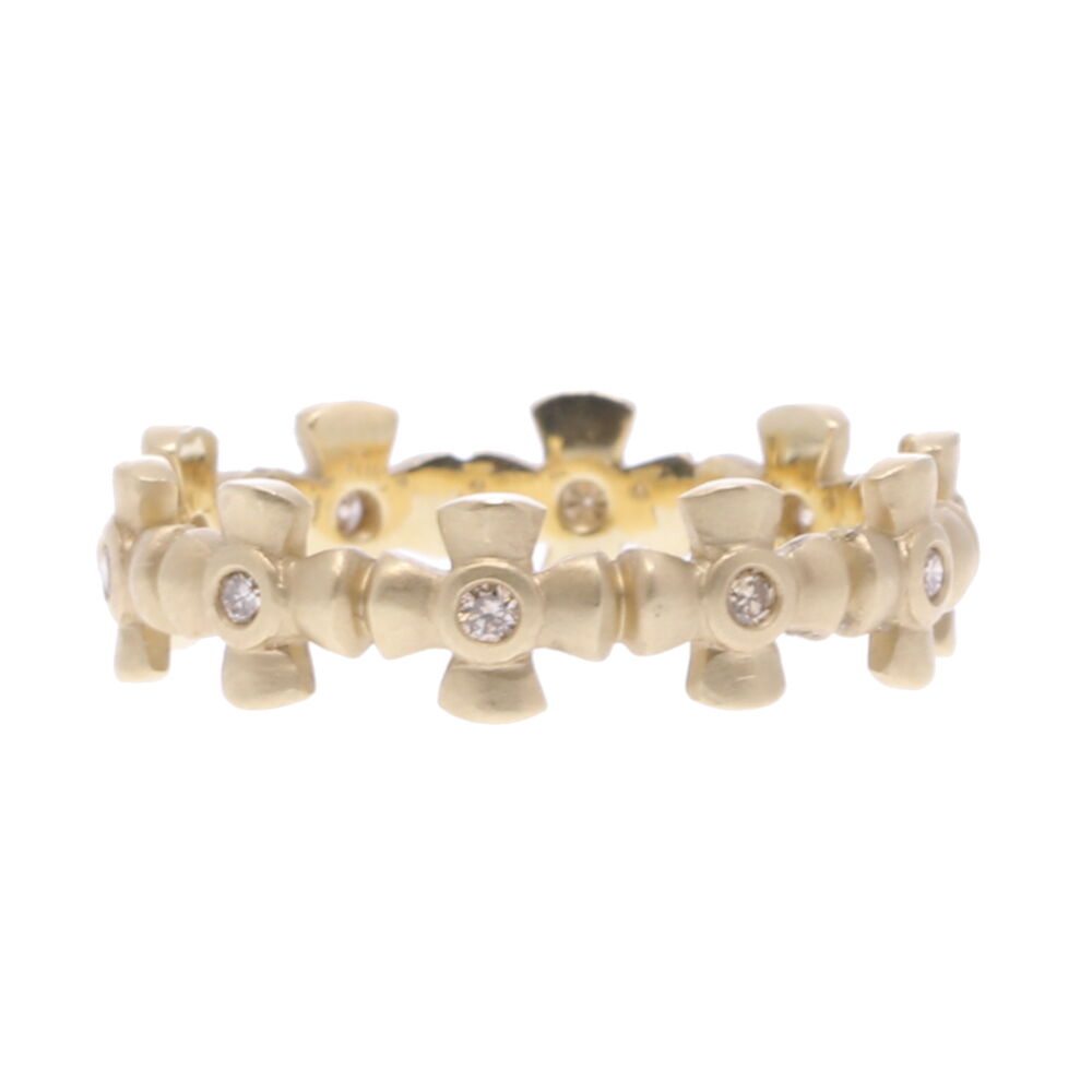 This eternity Cross ring is handcrafted using 14k yellow gold 2.7g and champagne diamonds 0.12tcw. Gold Cross Eternity Ring