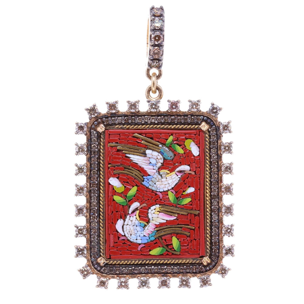 This intricate Italian micro mosaic or micromosaic was handcrafted in the mid to late 1800s. It's framed by a decorative diamond bezel and has an open-able bale. Proudly displayed are a pair of doves. The dove symbolizes the Holy Spirit and they send you important messages from the Divine. A pair of doves symbolizes peace, fidelity, and love. Doves are spirit animals that teach us peace is always available if you seek it. Total 14k Yellow Gold 8.7g, and Diamond 1.42tcw. Red PAX Square Italian Antique Micro Mosaic Dove Pendant