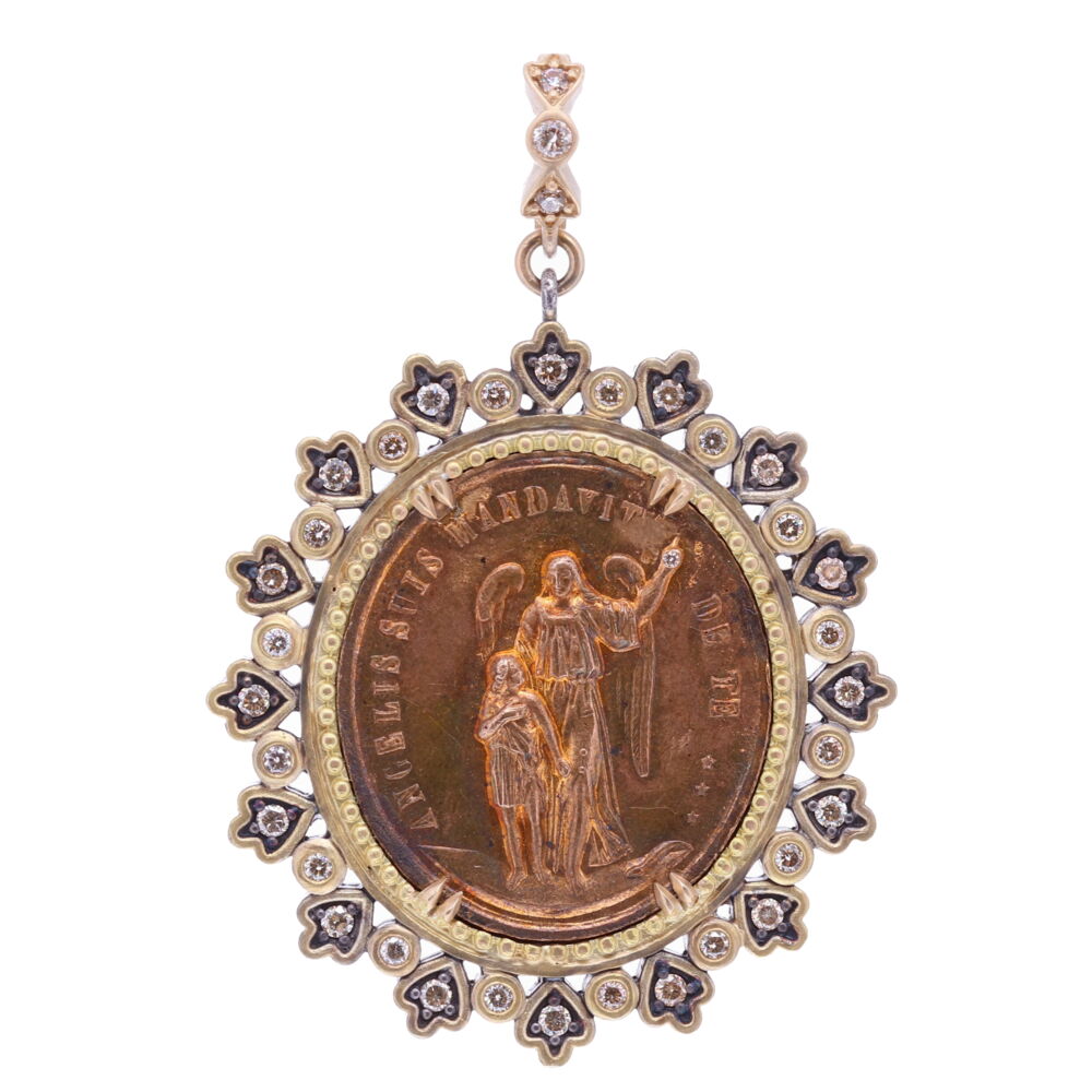 This beautiful French Guardian Angel translates to "Angels charge over you". The back depicts St. Joseph and a cherub. St. Joseph is declared to be both the protector and patron of church. Having died in the arms of Jesus and Mary, he is considered the model of the pious believer who receives grace at the moment of death. This sweet Angel is reaching up to a diamond that represents a star in Heaven. Your Guardian Angel is unique to you and is present to guide you through your spiritual journey. The medal is set inside a 14k Yellow Gold 12.5g, Diamond 1.12 tcw, and rhodium sterling bezel. Your Angel may be clipped onto any necklace. French Guardian Angel and St. Joseph Pendant