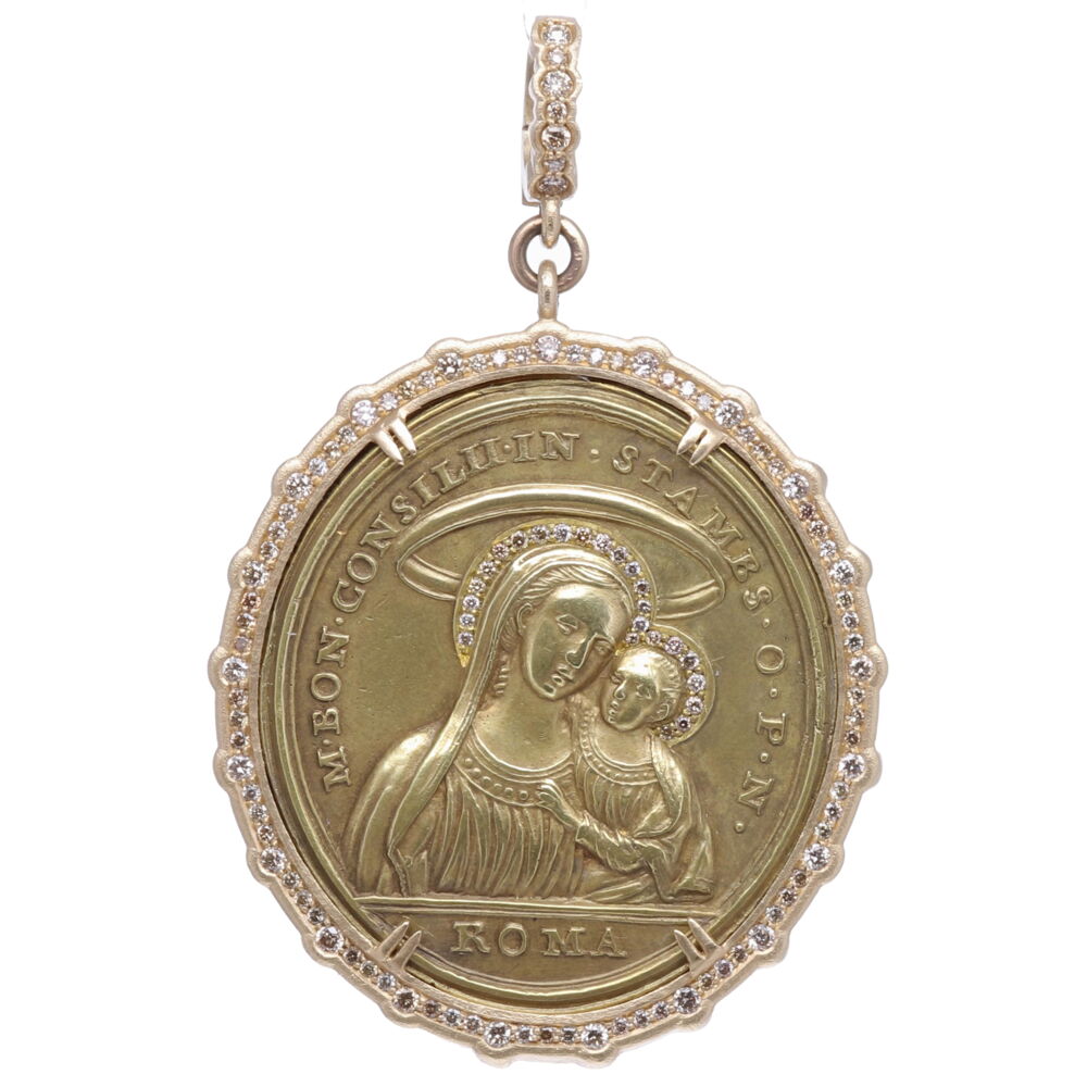 This original Latin Mary and Child Pendant is set in a solid 14k yellow 15.30g gold Cynthia Ann diamond 0.80 tcw bezel. The original antiquity is enhanced with two diamond halos. On the front O. P. N stands for "Pray for Us". On the back, four Cherubs are in the heavens as they're supporting the structure. Latin Mary, Child and Cherub Pendant