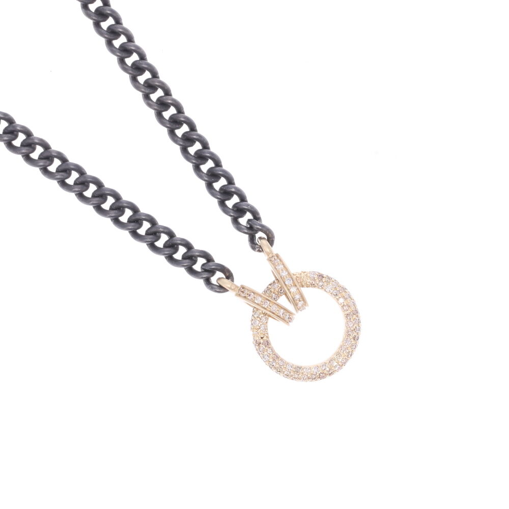 This is the ultimate necklace to display your Cynthia Ann pendants. The circle 6.96g 14k yellow gold and 1.95 carats of diamond opens, allowing you to hang a pendant. The length option provided is just calculating the chain. The yellow gold and diamond parts add 1.21" to the total length. Classic Diamond Ring Display Chain with Open-able Ring