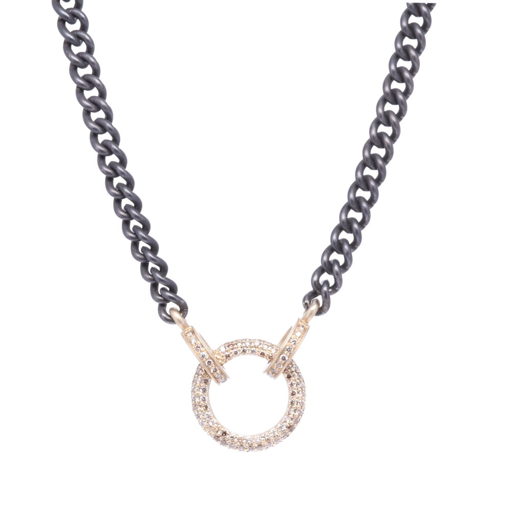 This is the ultimate necklace to display your Cynthia Ann pendants. The circle 6.96g 14k yellow gold and 1.95 carats of diamond opens, allowing you to hang a pendant. The length option provided is just calculating the chain. The yellow gold and diamond parts add 1.21" to the total length. Classic Diamond Ring Display Chain with Open-able Ring