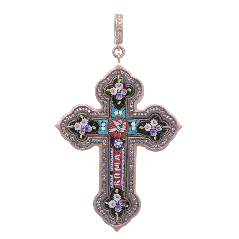 This original Roma Italian Micro Mosaic Cross from the Grand Tour period 1680-1880. During that time students were traveling to Europe to further enrich their classical studies, they brought home a small piece from their travels. The Micro Mosaics were handcrafted in Italy using tiny glass fragments called tesserae. Doves symbolize the Holy Spirit and send us important messages from the Divine. A dove is a reminder that there is always hope and peace if you seek it. This original Grand Tour micro mosaic is set in a Cynthia Ann 14k yellow gold 6.76g, champagne diamond 0.84 tcw, and rhodium sterling bezel. The Cross has manly turquoise, deep maroon, and black tiles. Italian Grand Tour Roma Micro Mosaic Cross Pendant