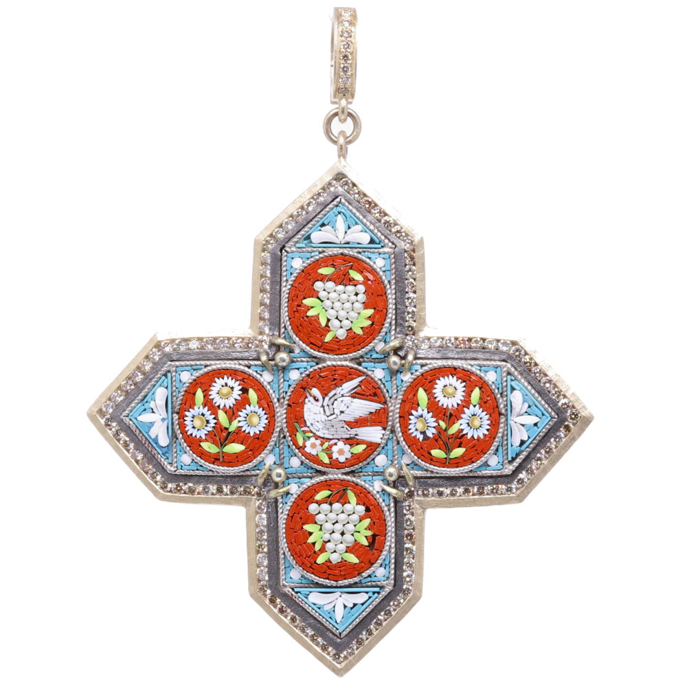 Italian Grand Tour Micro Mosaic Maltese Cross Holy Spirit Pendant