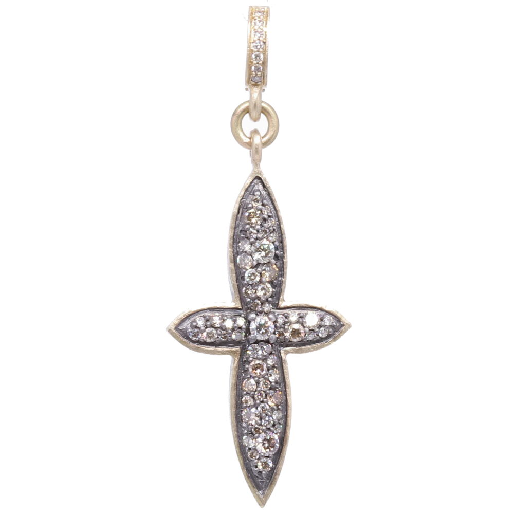This small sized cross has a beautiful constellation of pave diamonds. It's handcrafted with 14k yellow gold, rhodium sterling, and champagne diamonds 0.60 tcw. Small Classic Pave Diamond Cross Pendant