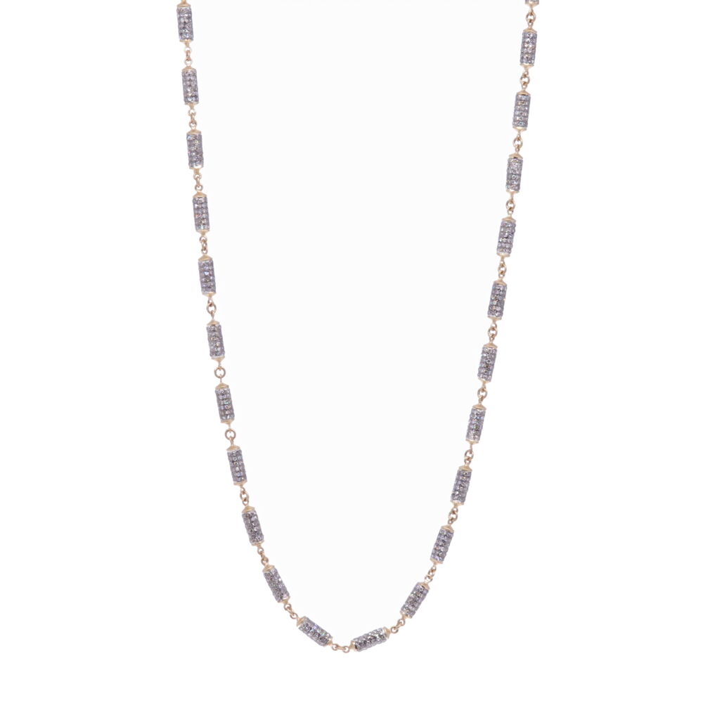 This small sized barrel diamond chain is 19" handcrafted with 14k yellow gold 8.8g, rhodium sterling, and champagne diamonds 6.95 tcw. The beads are 0.40" x 0.12". Small Diamond Barrel Link Chain 19"