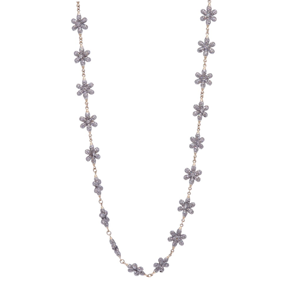This floral diamond necklace is 21" handcrafted with 14k yellow gold 6.2g, rhodium sterling, and champagne diamonds 10.75 tcw. The flower shaped beads are 0.37" in width and 0.53 length. Small Diamond Floral Link Chain 21"