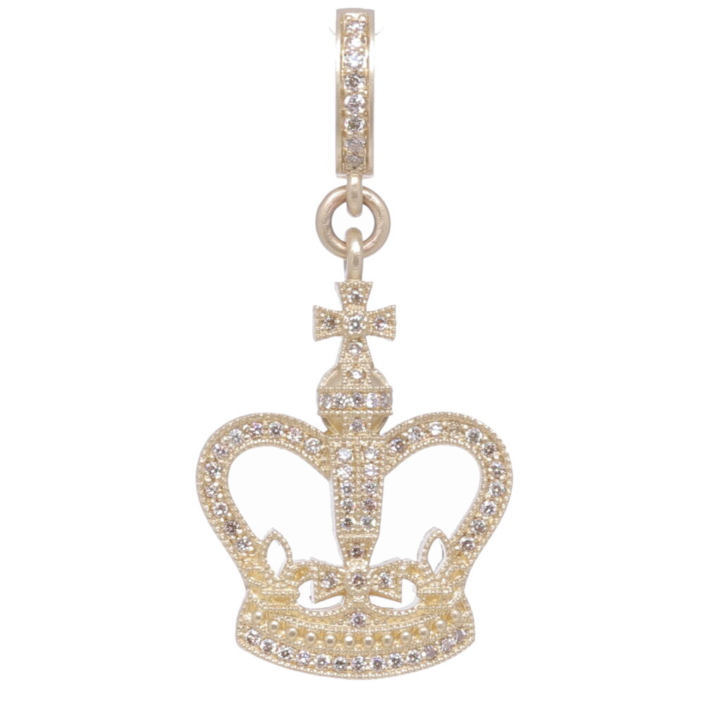 This crown is a symbol for the reward in Heaven after the trials in this life. It's our victory over sin. This classic piece is handcrafted in solid 14k yellow gold 7.45 tcw with champagne diamond 0.36 tcw. Classic Crown Pendant