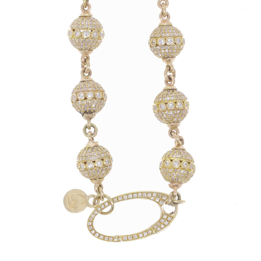 This handcrafted diamond sphere chain is 26" in length. Complete with 25.00 carats of diamond and 14k yellow gold. Each sphere is 0.33" in diameter. Large Diamond Sphere Link Chain 26"