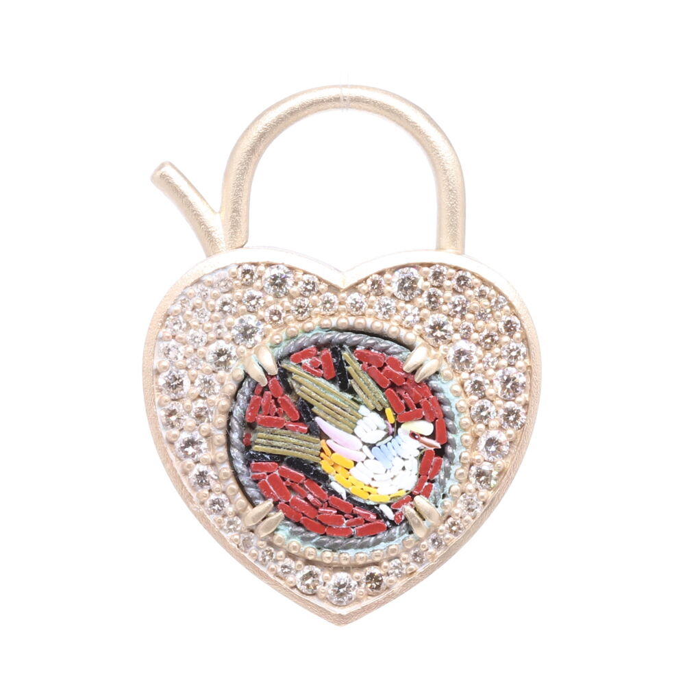 <span style="font-size: 16.8px; position: initial; margin: initial;">This original Italian micro mosaic was handcrafted in the 19th century. The mosaic is set in an unique Heart Locket bezel with an openable bale. The beautiful maroon surround emphasizes the white dove with gold wings facing right. Doves symbolize the Holy Spirit and sends us important messages from the Divine and is a reminder that there is always hope and peace if you seek it. The bezel is handcrafted from 14k yellow gold, blackened rhodium sterling, and 1.03tcw of diamond. This locket can be worn as a pendant or as a charm on a bracelet.</span> 14k Micro Mosaic Dove Padlock