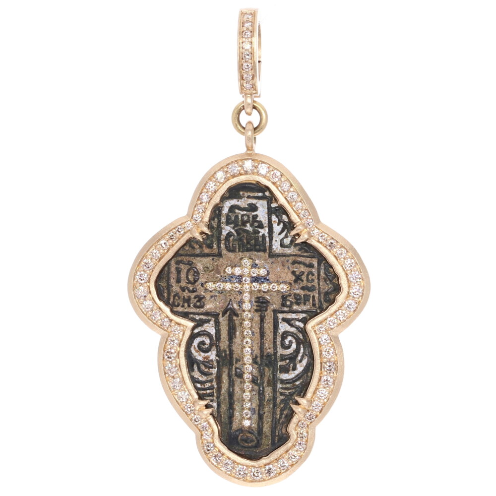 Antique Female Old Believers Cross Pendant with Original White Enamel