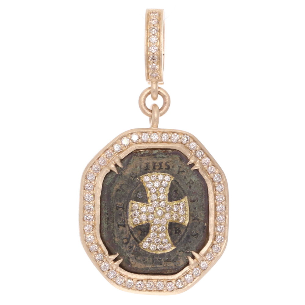 <span style="font-size: 13pt; font-family: Roboto, Arial; position: initial; margin: initial;">This original St. Benedict antiquity has the monogram "CSPB" which stands for the Cross of Holy Father Benedict. It's encircling a cross that Cynthia Ann embellished with diamonds. The outer "V R S N S M V - S M Q L I V B" on the front translates to "Begone Satan! Never tempt me with your vanities! What you offer me is evil. Drink the poison yourself!". A St. Benedict medal possesses the highest protection from evil. St. Benedict is the patron saint of Europe. This St. Benedict medal has original green patina from oxidizing over time. It's set in a 14k yellow gold 3.5g, diamond 1.29tcw, and rhodium sterling bezel.</span> Antique St Benedict Medal w/ Diamond Inlay