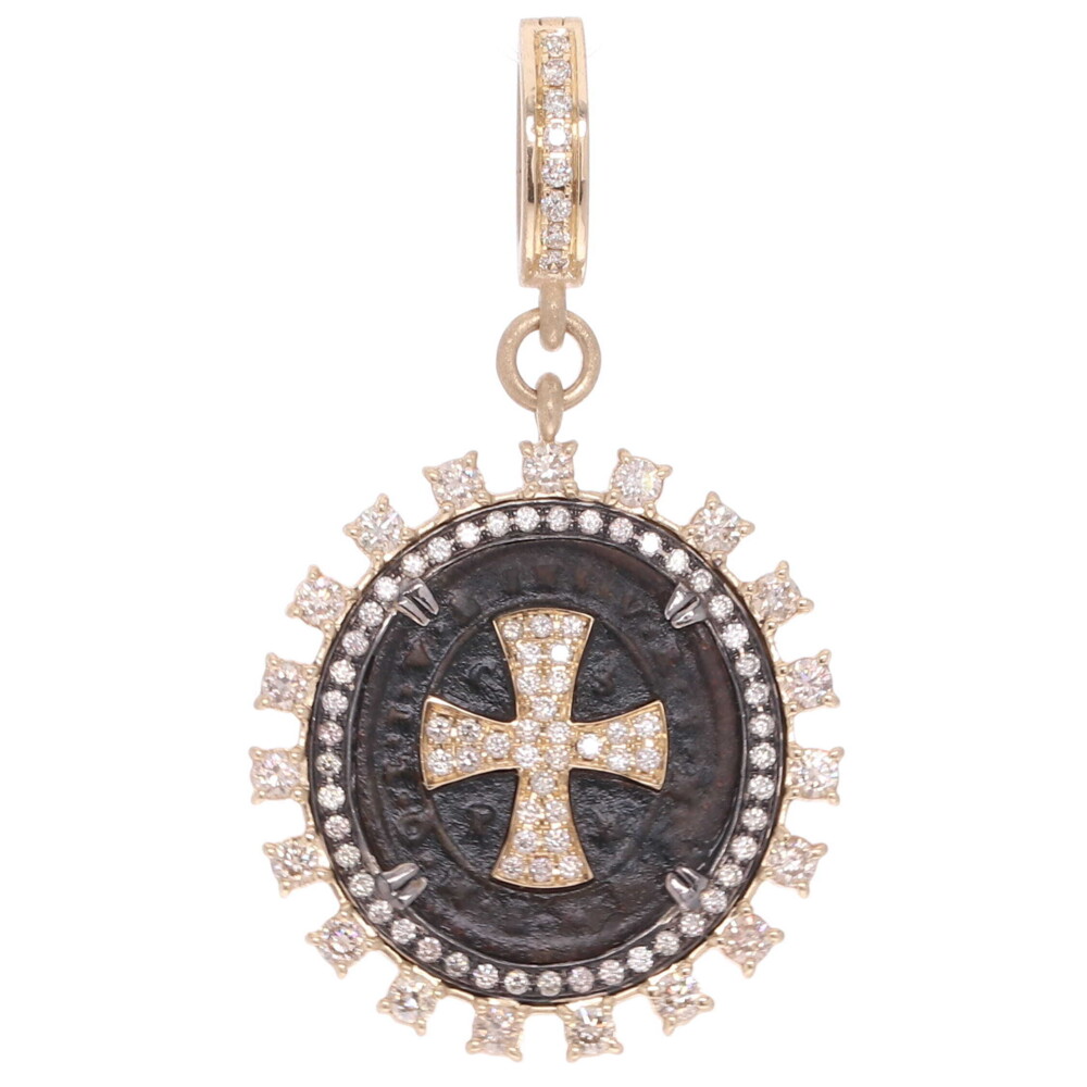 <div><span style="font-size: 16.8px; position: initial; margin: initial; font-family: Lanae;">Definitely one of our favorite saints here at LaNae is St. Benedict. This antique religious medal has been given new life in one of Cynthia Ann's signature mixed metal bezels. Created with 1.23tcw of shining champagne diamonds, 4.73g of 14k yellow gold & blackened rhodium silver all hanging from an openable bale so that it may be hung on any necklace you wish. </span></div><span style="font-size: 16.8px; position: initial; margin: initial; font-family: Lanae;"><div><span style="font-size: 16.8px; position: initial; margin: initial; font-family: Lanae;"><br></span></div>To this day, almost 1,500 years after his life, the Benedictine Rule is still the most common and influential rule used by monks around the world. Carrying a St. Benedict medal provides the wearer ultimate protection from evil. It is one of the oldest and most cherished medals used by Christians today. </span><div style="font-size: 16.8px; position: initial; margin: initial; font-family: Lanae;"><span style="font-size: 16.8px; position: initial; margin: initial;"><br style="position: initial; margin: initial;"></span></div><div style="font-size: 16.8px; position: initial; margin: initial; font-family: Lanae;"><span style="font-size: 16.8px; position: initial; margin: initial;">On the front of the medal in each of the four corners of the cross is the latin abbreviation "CPSB" standing for "Crux Sancti Patris Benedictithe" in latin or "The Cross Of Our Holy Father Benedict" in english. Above St. Benedicts Cross is the latin abbreviation "IHS" which stands for "Jesus". Following IHS to the right is "VRSNSMVSMQLIVB" which is the latin abbreviation for </span><span style="font-size: 16.8px; text-align: center; position: initial; margin: initial;">Begone Satan - Never tempt me with your vanities, </span><span style="font-size: 16.8px; text-align: center; position: initial; margin: initial;">What you offer me is evil, drink the poison yourself."</span><span style="font-size: 16.8px; position: initial; margin: initial;"> This is however not the full phrase, the abbreviation "CSSML/NDSMD" would have originally have been in the center of the medal where Cynthia Ann has added pave diamonds. These letters are generally missing due to the raised cross being the most heavily worn from its centuries of use. The full phrase is:</span></div><div style="font-size: 16.8px; position: initial; margin: initial; font-family: Lanae;"><div style="position: initial; margin: initial;"><br style="position: initial; margin: initial;"></div><div style="text-align: center; position: initial; margin: initial;"><font style="font-size: 1.6rem; line-height: 30px; position: initial; margin: initial;">"May the Holy Cross be my light - May the dragon never be my guide,</font></div><div style="text-align: center; position: initial; margin: initial;"><font style="font-size: 1.6rem; line-height: 30px; position: initial; margin: initial;">Begone Satan - Never tempt me with your vanities,</font></div><div style="text-align: center; position: initial; margin: initial;"><font style="font-size: 1.6rem; line-height: 30px; position: initial; margin: initial;">What you offer me is evil, drink the poison yourself."</font></div><div style="position: initial; margin: initial;"><br style="position: initial; margin: initial;"></div><div style="position: initial; margin: initial;"><span style="font-size: 16.8px; position: initial; margin: initial;">The back of this medal depicts St Benedict himself and reads "CRVXS P BENED" which stands for: </span><br style="position: initial; margin: initial;"></div><div style="position: initial; margin: initial;"><span style="font-size: 16.8px; position: initial; margin: initial;"><br style="position: initial; margin: initial;"></span></div><div style="text-align: center; position: initial; margin: initial;"><span style="position: initial; margin: initial;"><font style="font-size: 1.6rem; line-height: 30px; position: initial; margin: initial;">"The Cross Of Our Holy Father, St Benedict"</font></span></div></div> Antique St Benedict Medal Pendant