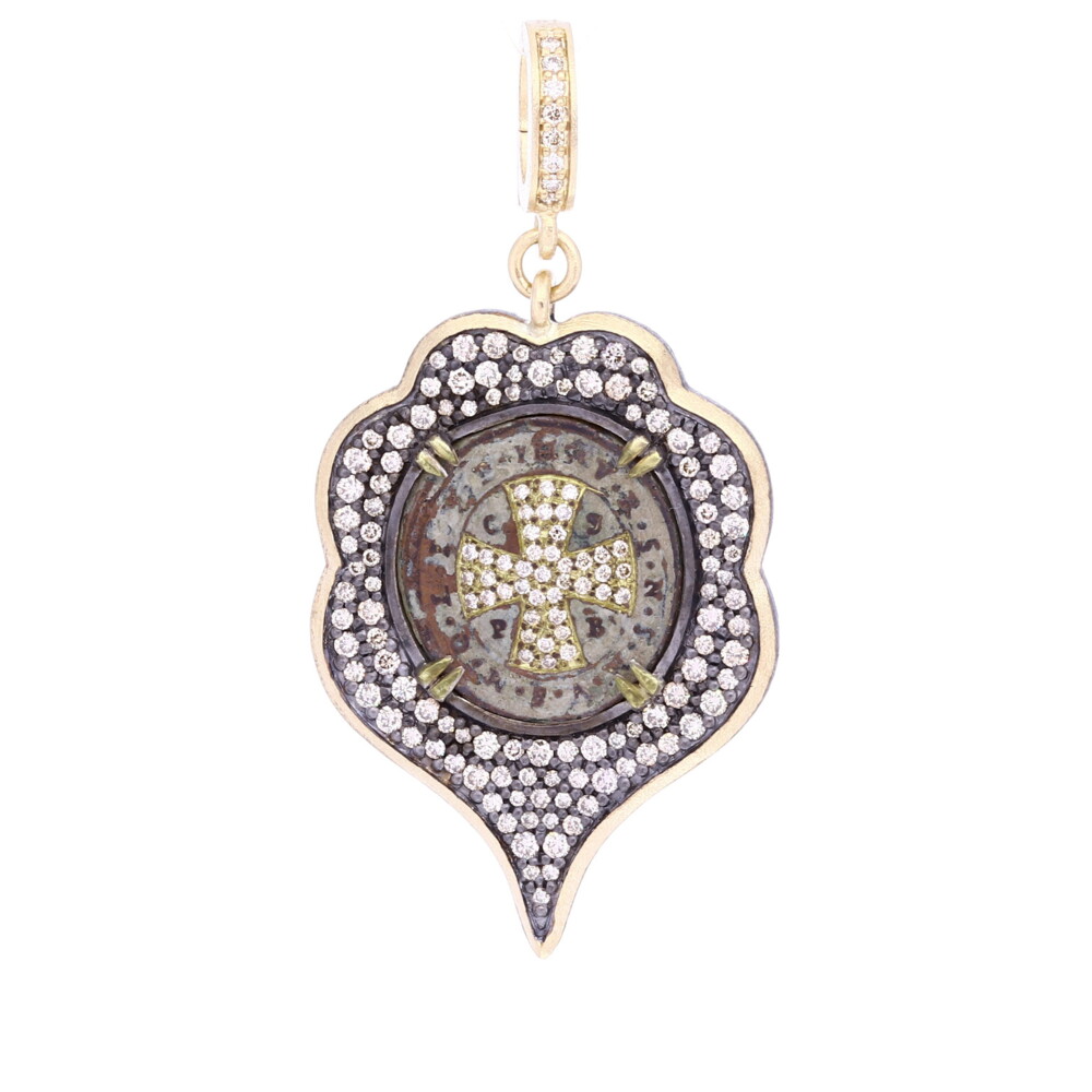 <font size="4">This original St. Benedict antiquity has the monogram "CSPB" which stands for the Cross of Holy Father Benedict. It's encircling a cross that Cynthia Ann embellished with diamonds. The outer "V R S N S M V - S M Q L I V B" on the front translates to "Begone Satan! Never tempt me with your vanities! What you offer me is evil. Drink the poison yourself!". A St. Benedict medal possesses the highest protection from evil. St. Benedict is the patron saint of Europe. This St. Benedict medal has original green patina from oxidizing over time. It's set in a 14k yellow gold 3.5g, diamond 1.29tcw, and rhodium sterling bezel.</font> Antique Saint Benedict Pendant