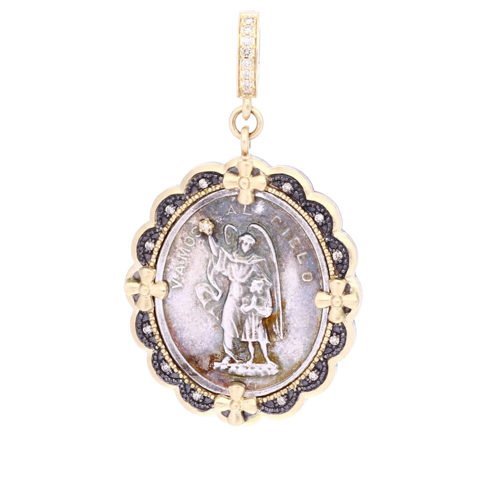 <div style="font-size: 16.8px; position: initial; margin: initial;"><span style="font-size: 13pt; font-family: Roboto, Arial; position: initial; margin: initial;">This Spanish Guardian Angel has a powerful message on the front which translates to "We go to Heaven" and the back "There is our model". Belief in Guardian Angels can be traced throughout all antiquity. This Spanish medal represents your Guardian Angel that has been with you since you took your first breath and will be with you when you pass out of your body and return to the spiritual realms. This angel is unique to you and is there to guide you through your “spiritual journey” here on earth. She is a reminder of your faith in God and that you are never alone. This Spanish medal is set inside a Cynthia Ann 14k yellow gold 5.8g, champagne diamond 0.16tcw, and rhodium sterling bezel.</span><br style="position: initial; margin: initial;"></div> Antique Spanish Silver Guardian Angel