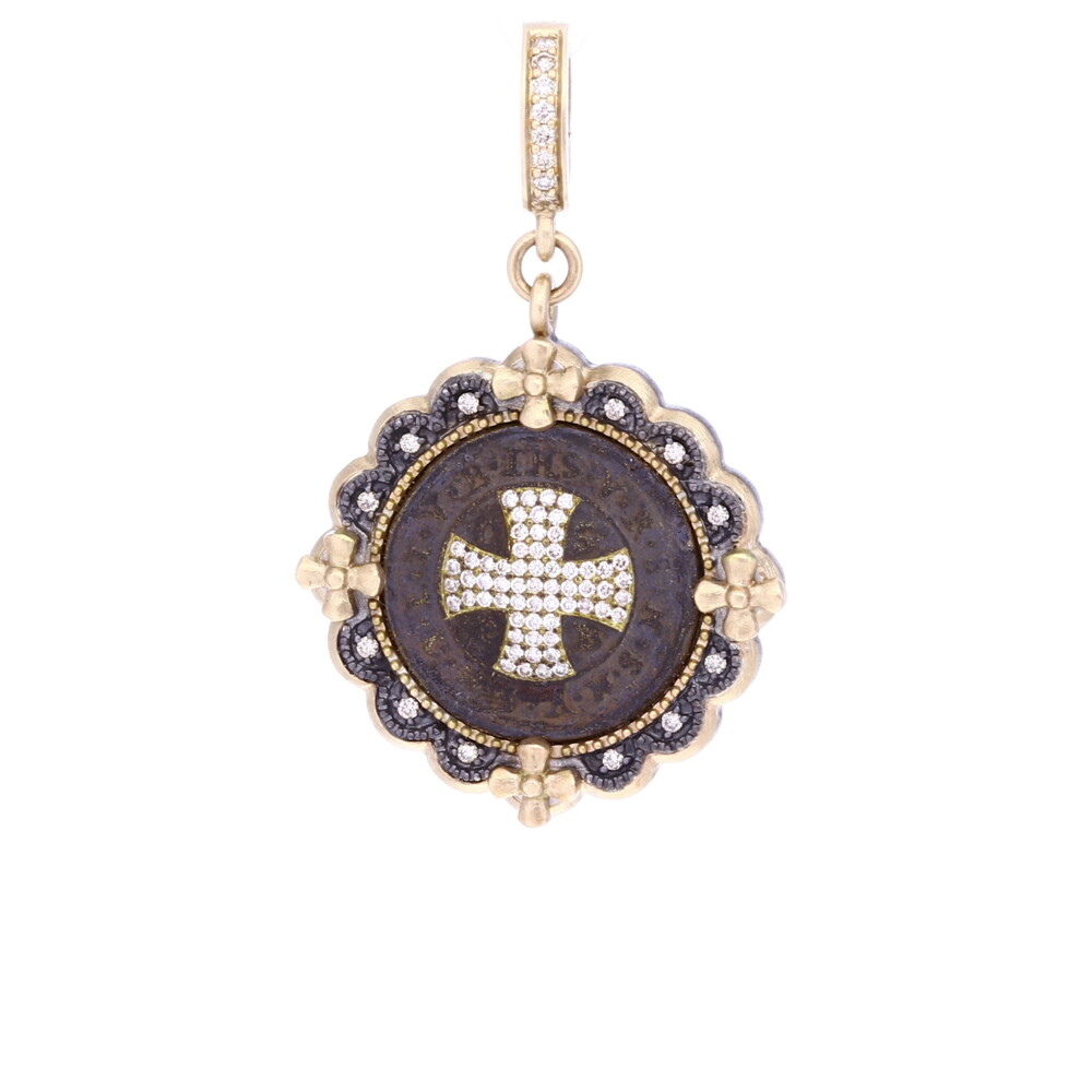 <div style="color: rgb(108, 96, 85); position: initial; margin: initial;"><font size="4">This original St. Benedict antiquity has the monogram "CSPB" which stands for the Cross of Holy Father Benedict. It's encircling a cross that Cynthia Ann embellished with diamonds. The outer "V R S N S M V - S M Q L I V B" on the front translates to "Begone Satan! Never tempt me with your vanities! What you offer me is evil. Drink the poison yourself!". A St. Benedict medal possesses the highest protection from evil. St. Benedict is the patron saint of Europe. This St. Benedict medal has original green patina from oxidizing over time. It's set in a 14k yellow gold 4.4g, diamond .42tcw, and rhodium sterling bezel.</font></div><ul style="padding: 10px 20px 10px 30px; margin-block: 0px; float: left; width: 550px; color: rgb(108, 96, 85); font-size: 11.9px; position: initial; margin: initial;"></ul> Antique Bronze Saint Benedict